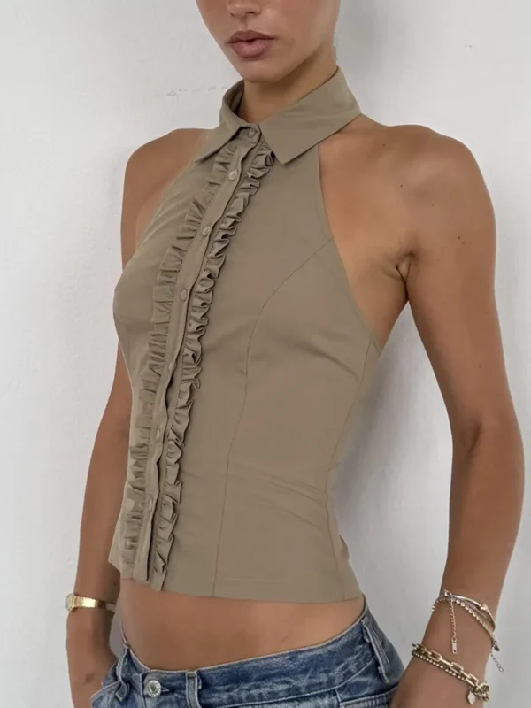 Gaono Women Button Down Sleeveless Halter Shirt Y2K Gingham Collared Frill Trim Tank Top  Backless  Fit Blouse