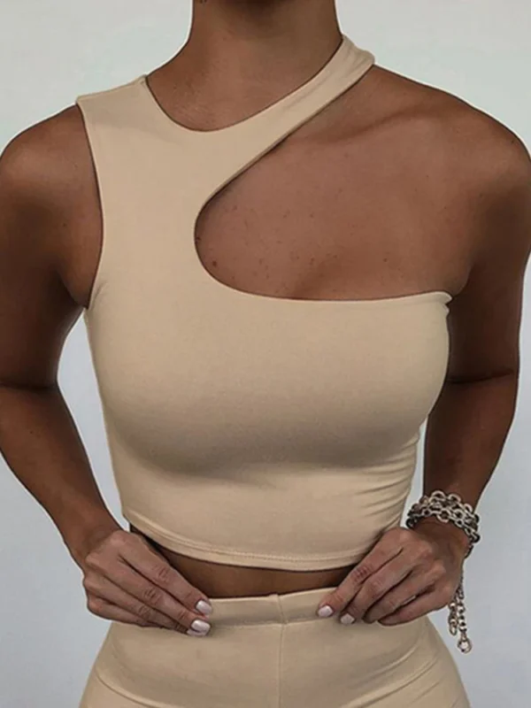 Cut Out  Crop Off Shoulder Solid  Sport Short Tops Women Tank Irregular Summer Tube Tops