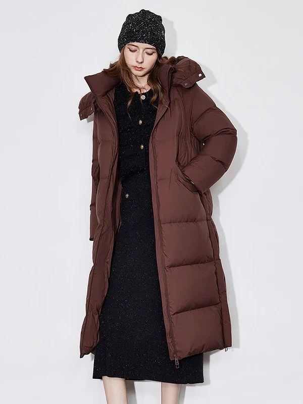 TOYOUTH Women 90% White Duck Down Jacket  Winter New Ankora Red Hooded Knee Length Thicking Warm Down Coats