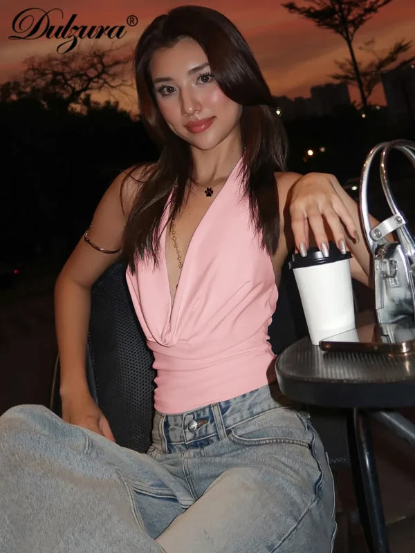 Dulzura Halter Swinging Collar Sleeveless Backless Bodycon Tank Top Solid  Casual Y2K Tops Party Club Street Summer Clothes
