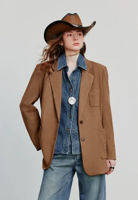 TOYOUTH Brown Suede Blazer Women Stretch Comfort Fall Winter