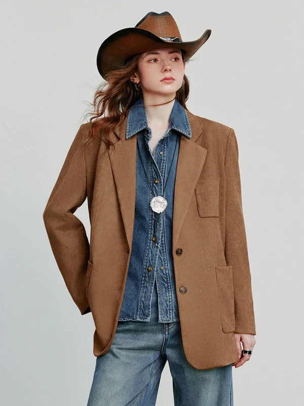 TOYOUTH Women Blazer  Autumn New Barn Style Retro Brown Suede Lightweight Lapel Collar Single Breasted Button Suit Coat