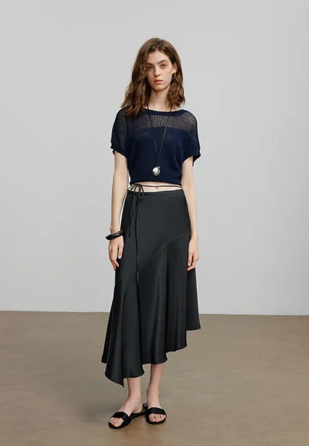 Dark Gray A-Line Midi Skirt Women Broadcloth Summer Essential