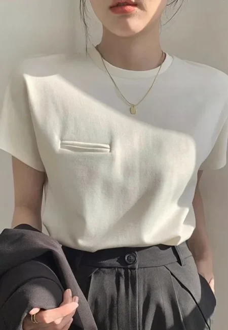 Premium Cotton Blend Pocket Tee - Relaxed White Summer Essential