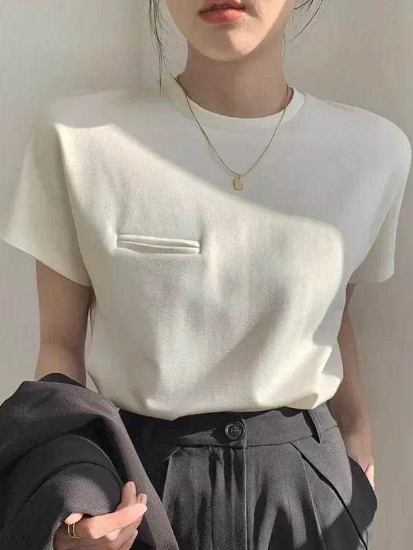 Summer New White T Shirt for Women Fashion Fake Pocket Design Short Sleeved T-Shirts Casual Loose Simple Round Neck Tshirt