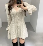 Chic Long Sleeve Cable Knit Sweater Dress for Stylish Comfort - Image 2