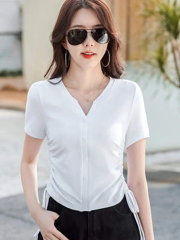 Summer New Women's Fashion Drawstring V-Neck Button Short Sleeve Solid Color T-Shirt - Trendy & Comfortable