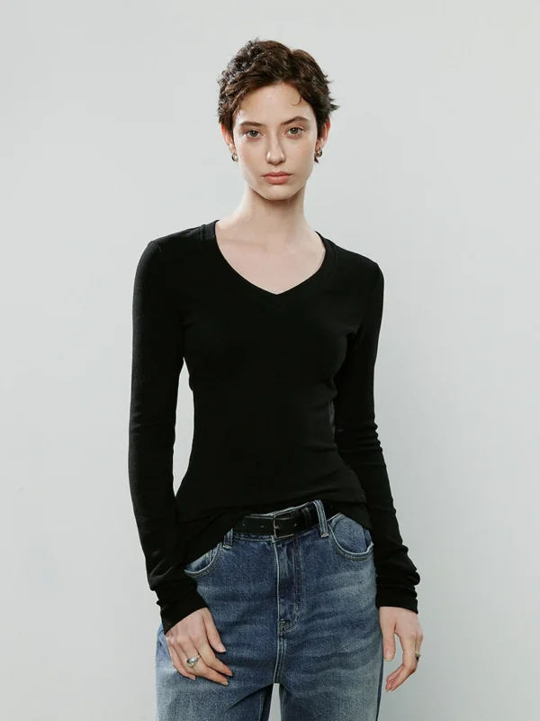 Chic Asymmetric V-Neck Long-Sleeve T-Shirt for Women