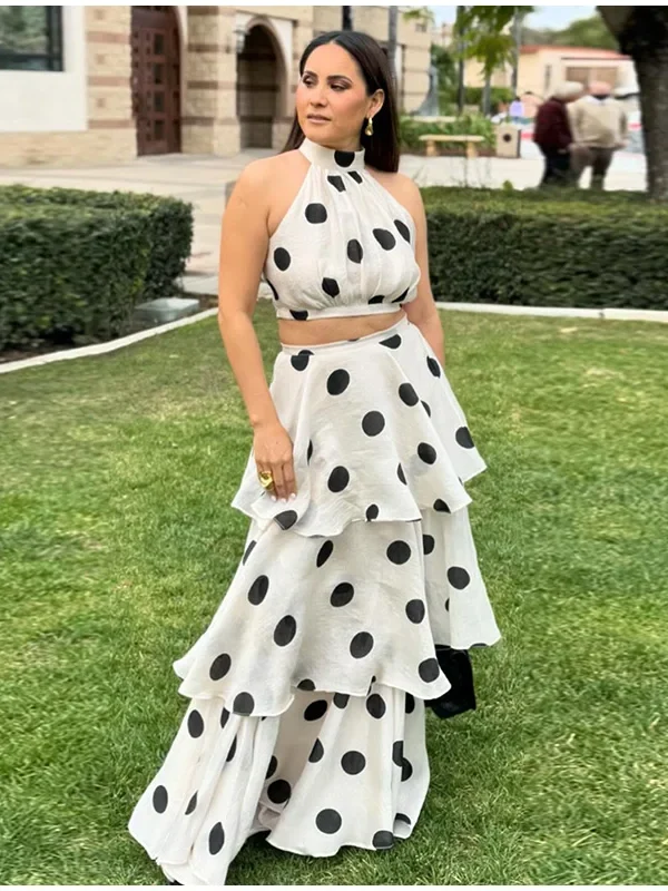 Chic Polka Dot Halter Crop Top & Ruffled Skirt Set