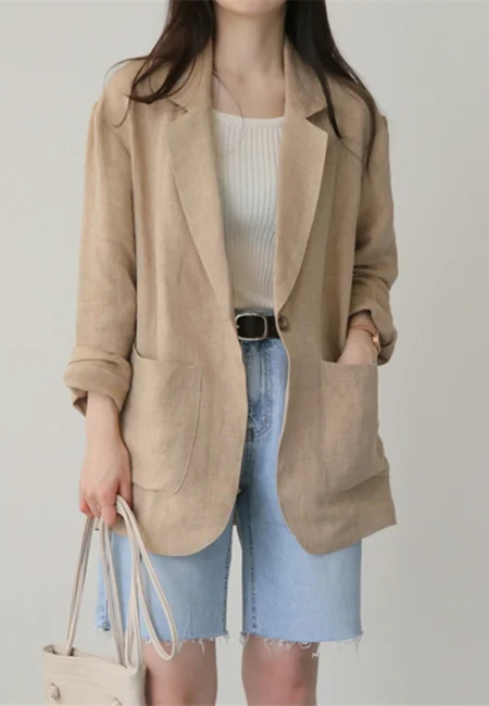 Sophisticated Khaki Linen Blazer - Professional Office Wear