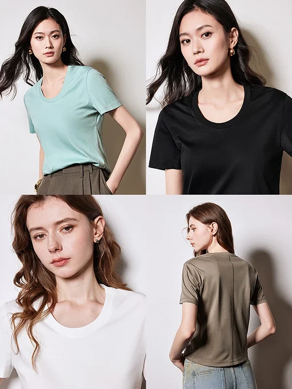 TOYOUTH Women Short Sleeve T-shirt  Spring New Silk U Neck Short Simple and Versatile Pullover Tops