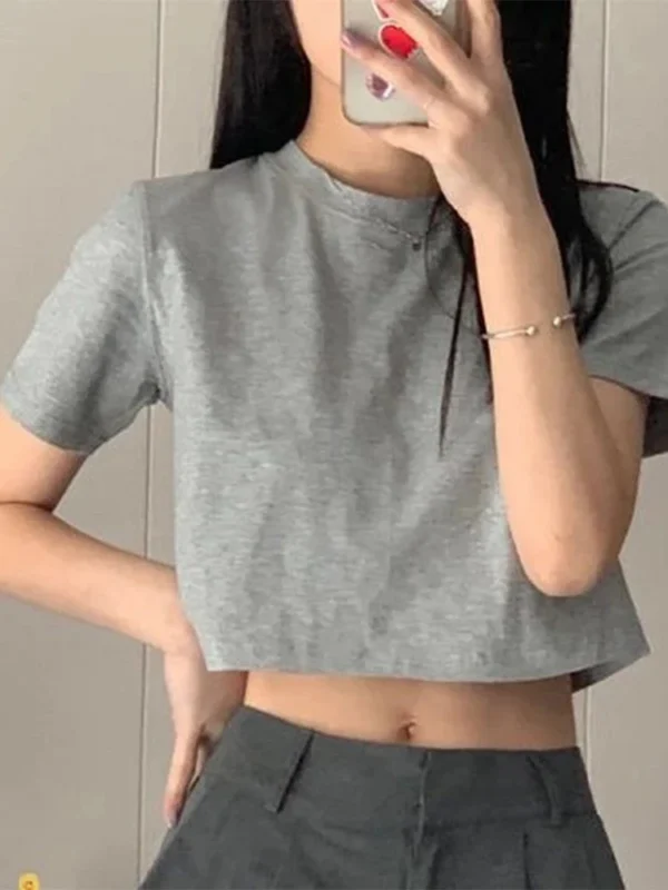 T-shirt Women Cropped Solid  Minimalist Hot Sale  Casual Fashion Preppy Chic Basic Tops Korean Style Streetwear Popular