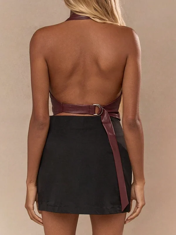 Combhasaki Women Aesthetic Leather Vest Crop Halter Deep V-Neck Tops Summer Solid Color Metal Buckle Backless Sleeveless Shirts