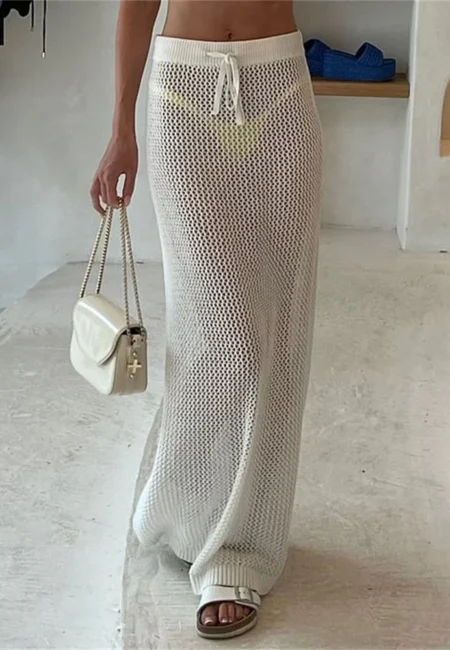 Breezy Hollow Knit Maxi Skirt - White A-Line Resort Wear