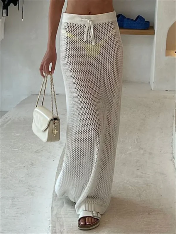 Breezy Hollow Knit Maxi Skirt - White A-Line Resort Wear