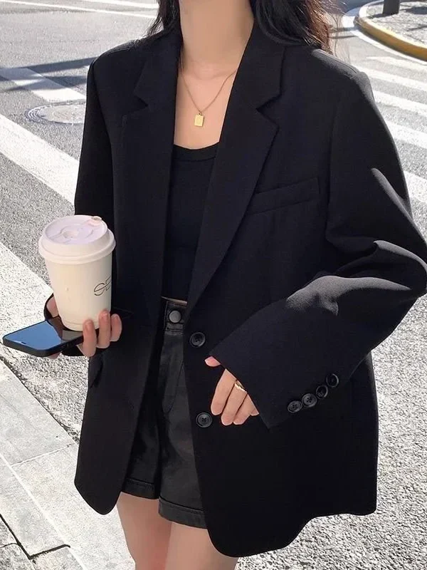 Autumn Winter Black Blazers for Women Fashion Streetwear Single-Breasted Small Suit Jacket Casual Loose Long Sleeve Outerwear