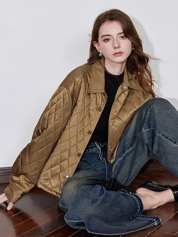 TOYOUTH Women Cotton Jacket  Autumn and Winter New Old Money Style Grid POLO Collar Snap Button Short Jacket Coat Brown