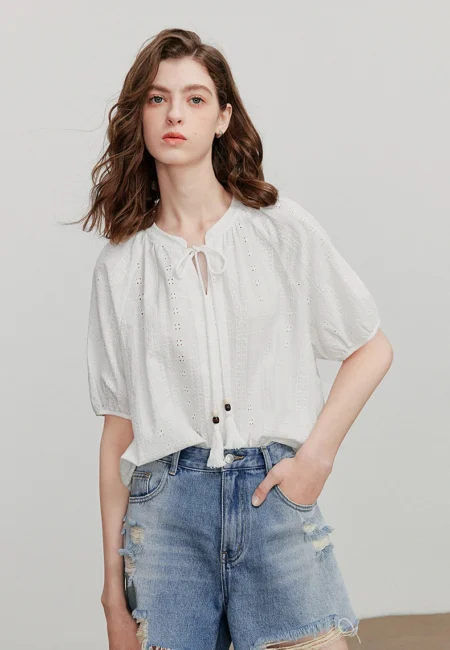 TOYOUTH Cotton Embroidered White Blouse - Elegant Summer Top
