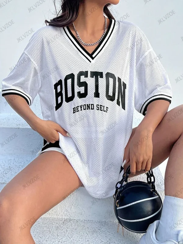 Summer White Boston Print T-Shirt For Women V-Neck Mesh Short Sleeve Sports Football Jersey Y2K Loose Oversized Tops