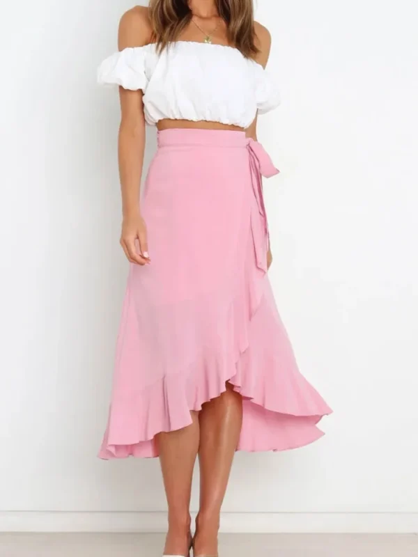 Summer Long Skirts For Women  Fashion Lace Up Irregular Solid Color High Waist Bodycon Black Skirt Female Pink Chiffon Skirt