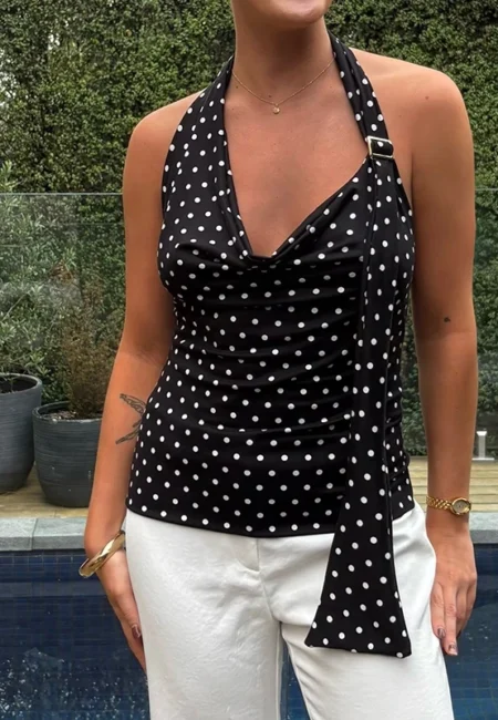 Vintage Polka Dot Backless Halter Crop Top for Summer Vibes