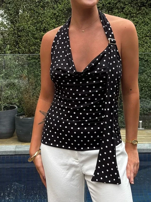 Vintage Polka Dot Backless Halter Crop Top for Summer Vibes