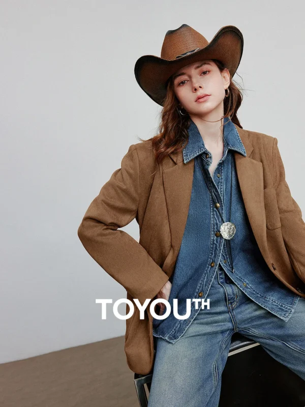 TOYOUTH Women Blazer  Autumn New Barn Style Retro Brown Suede Lightweight Lapel Collar Single Breasted Button Suit Coat