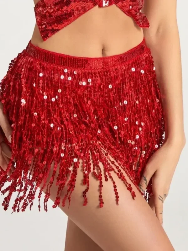 Moopsi 67 Sparkling Y2 K Mini Skirt With Tassels &Amp; Waist Chain For Dance