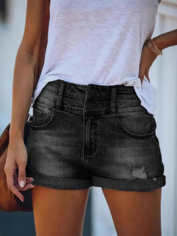 Sun-Ready High-Waist Bleached Ripped Denim Shorts, Cuffed