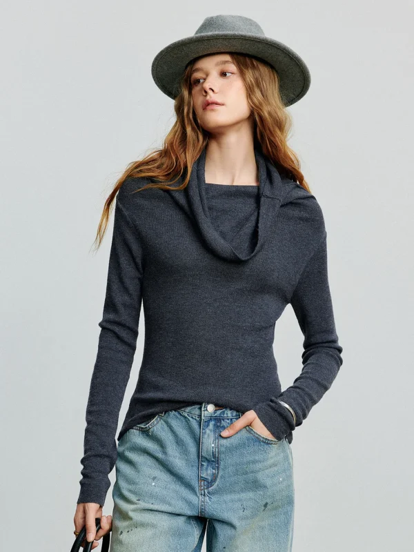 Chic Women's Gray Wool Sweater with Stylish Slash Collar