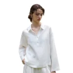 100% Linen Vintage Blouse Long-sleeved Women's Lapel Polo Collar Autumn Tops Loose Casual High Street Fashion Office Lady Shirts - Image 5