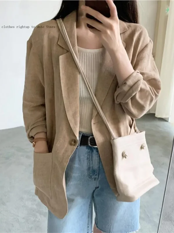 Women's Spring and Autumn Suit Jacket Office Commuter Thin Linen Single Button Casual Loose Cotton Linen Small Suit Jacket Women