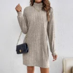 Chic Women's Gray Knit Dress: Cozy Polo Neck Elegance - Image 2