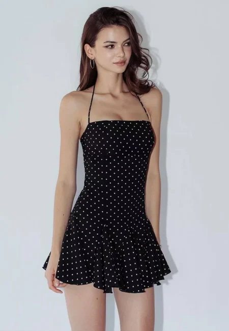 Elegant Black Polka Dot Mini Dress - Halter Backless Charm