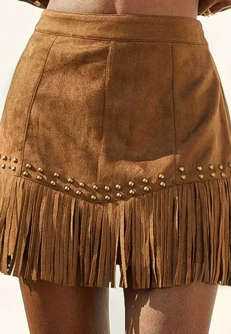 Boho Tassel Suede Mini Skirt - Light Brown Pleated Summer