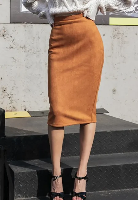 Luxe Faux Suede High-Waist Pencil Skirt - Slit Detail