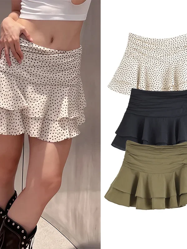 New Womens Shorts Skirt Trafizaran Fashion Polka Dot Pleated Waist Mini Skirt Layered Ruffles High Waisted Flared Hem