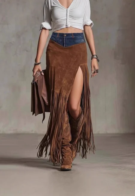 Luxe Faux Suede Tassel Midi Skirt - Irregular Hem Statement