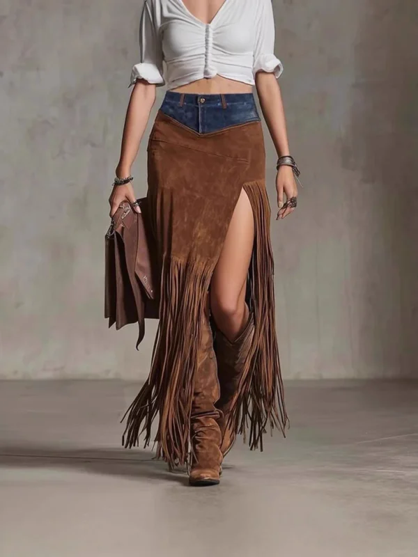Woman Faux Suede Skirt Women High Waist Long Skirts for Women Tassel Spliced ​​Denim Hem Irregular Slit Woman's Midi Skirt