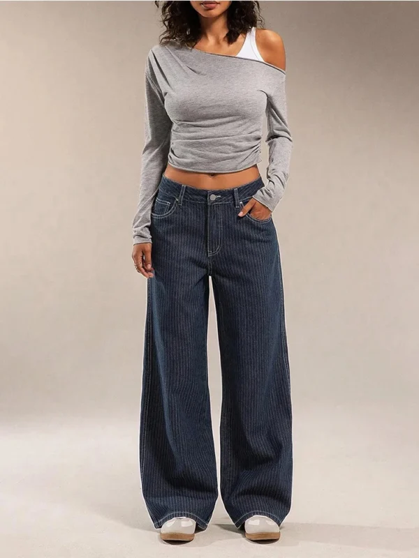 Comfy Women's Mid Waist Wide Leg Jeans - Casual Stripe Design