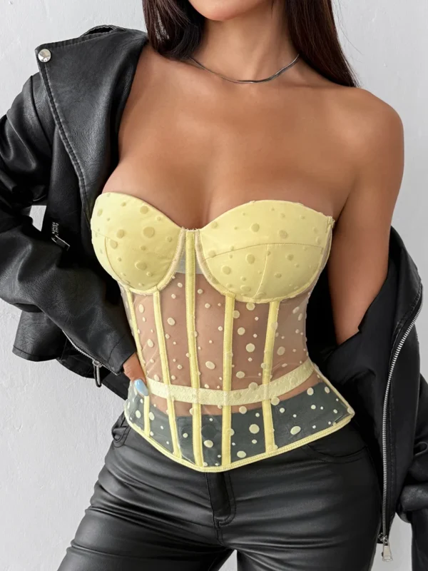 Dot Printed Mesh Strapless Corset Sleeveless Bones Bustier Tube Tops Y2k Clothing Party Clubwear for Women Summer Camisole Vests