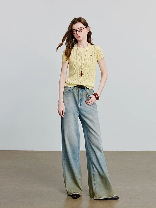TOYOUTH Women Knitwear  Summer New Lyocell Hollowed Out Woven Lemon Yellow Knitted Pullover Tops 8523080
