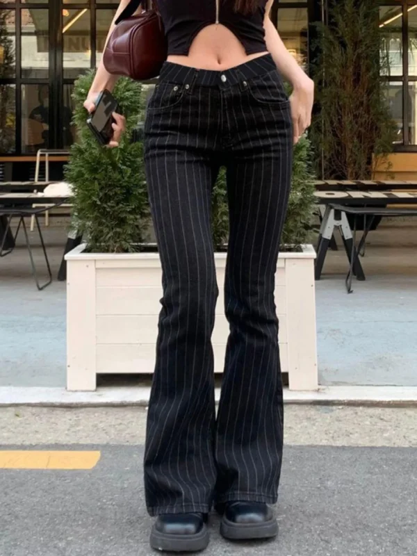 2000s Clothes Y2k Low Rise Boot Cut Jeans Woman Casual Black Striped Denim Trousers Streetwear Flare Pants P77-DD25