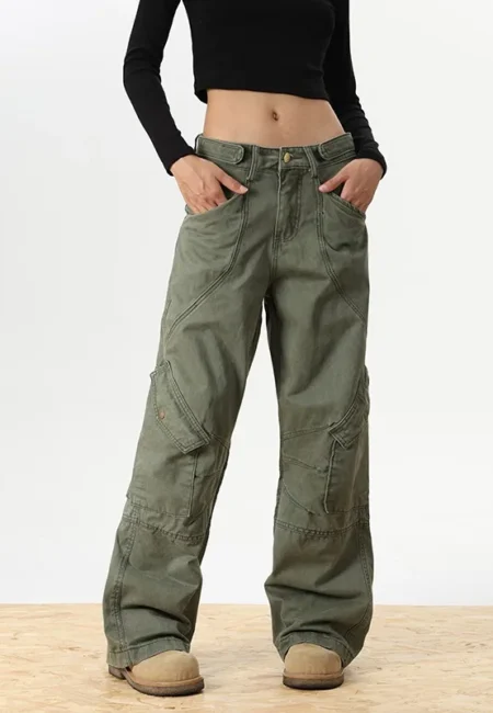 Trendy Army Green Cargo Jeans for Women - Multi-Pocket Style