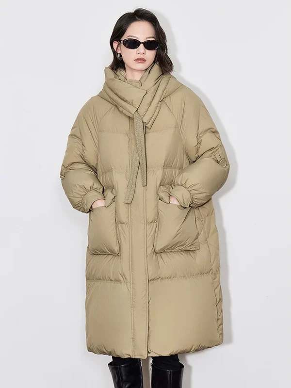 TOYOUTH Women Down Jacket  Winter 90% White Duck Fox Collar Thick Hooded Coat Horn Button Warm Long Overcoat
