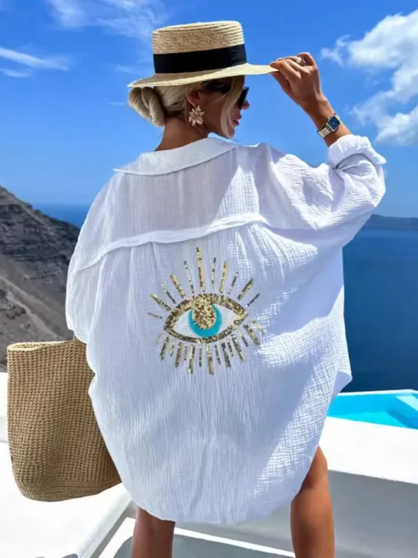 Casual Bright Sequin Evil Eye Shirt Women Summer Fashion Evil Eye Shirt Long Sleeve Loose Blouse and Shirts Streetwear Turn-down Collar Cotton Tops