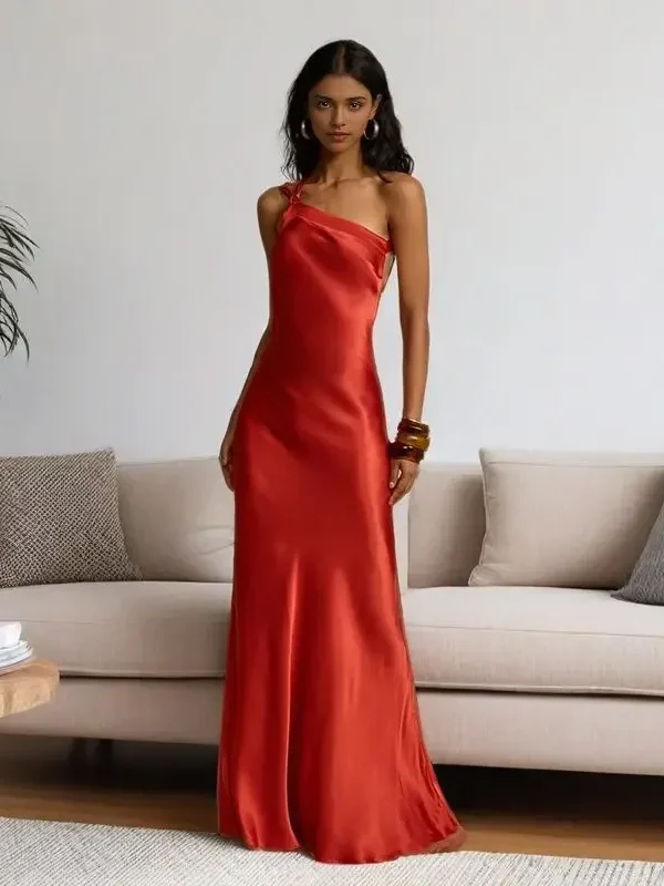 Asymmetrical Shoulder Ankle-Length Dress for Summer Parties