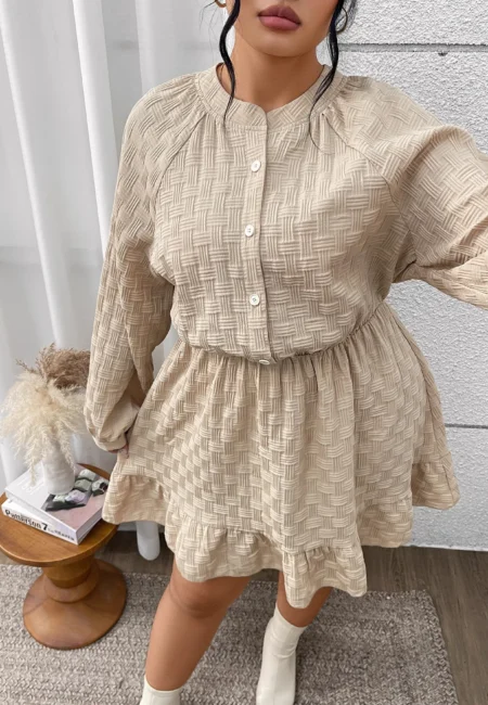 Autumn Beige A-Line Mini Dress - Puff Sleeve Empire Waist
