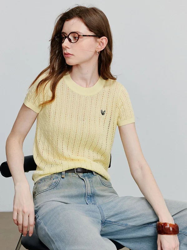 TOYOUTH Women Knitwear  Summer New Lyocell Hollowed Out Woven Lemon Yellow Knitted Pullover Tops 8523080