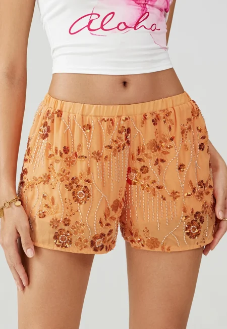 Sparkly Beaded Mini Shorts Women Summer Club Wear Elastic Waist